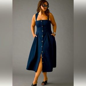 Maeve for Anthropologie Square Neck Button Down Dress in Navy Ink